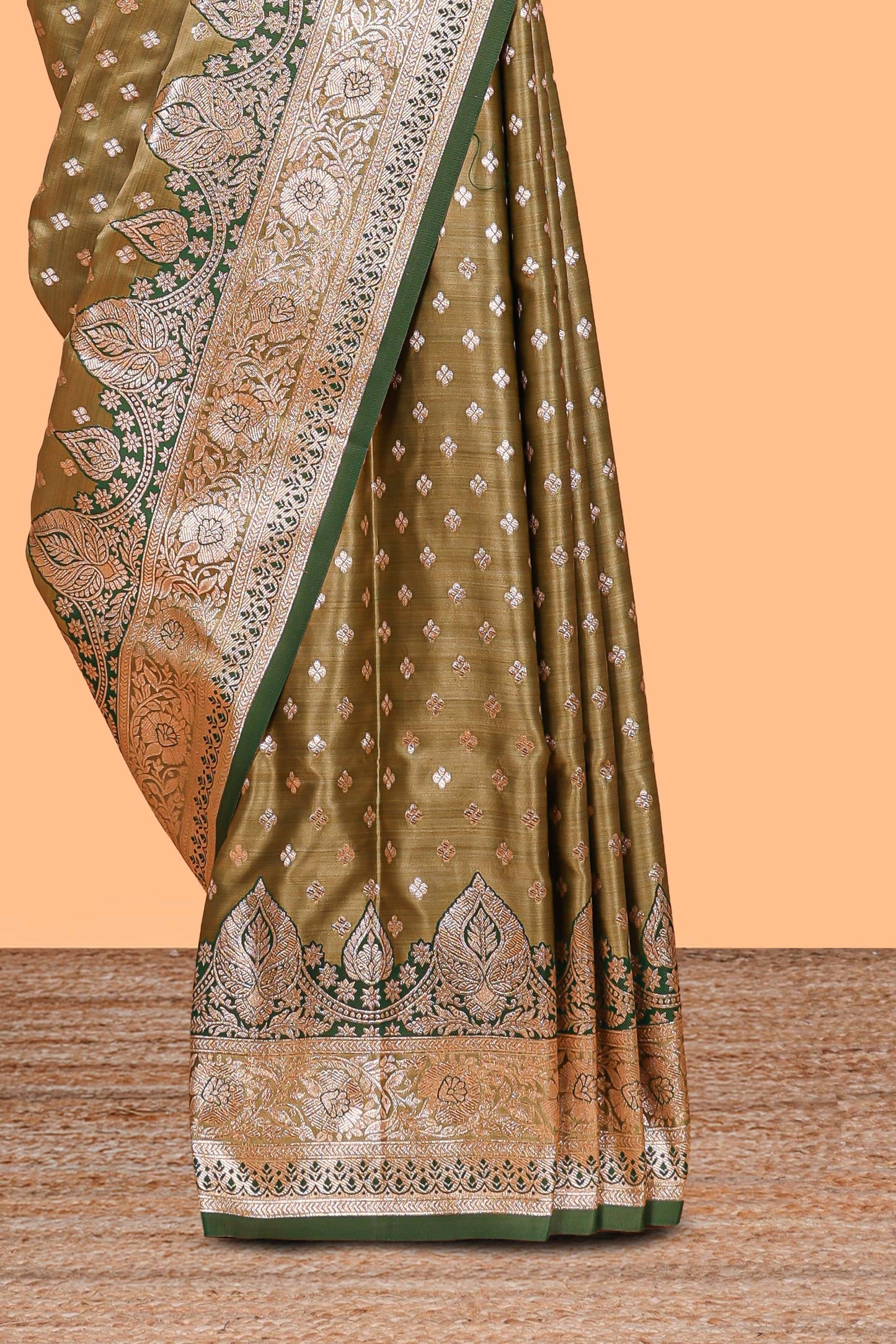 Olive green floral design motifs banarasi silk saree with contrast border and floral printed blouse