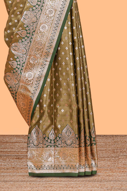 Olive green floral design motifs banarasi silk saree with contrast border and floral printed blouse
