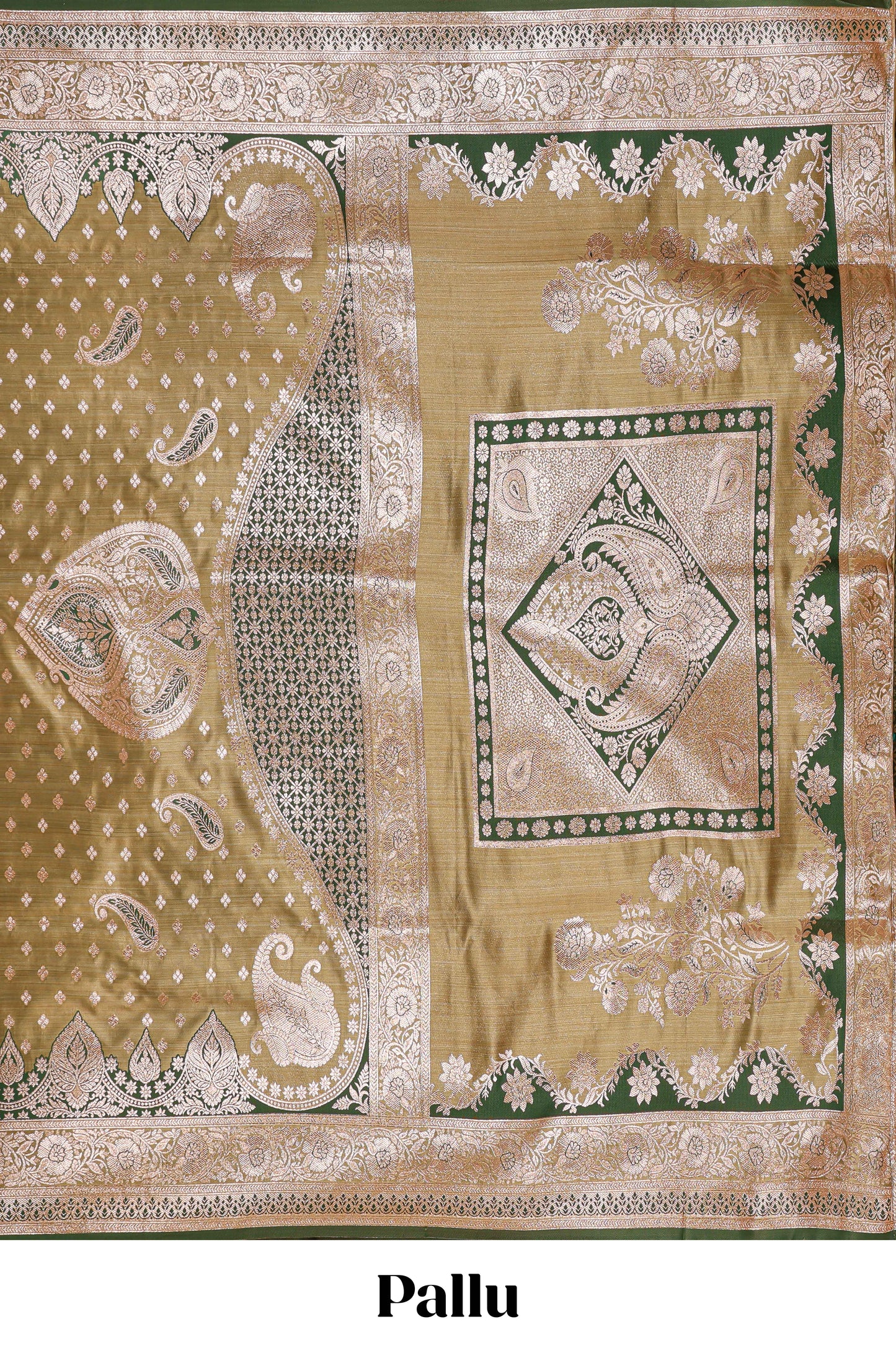 Olive green floral design motifs banarasi silk saree with contrast border and floral printed blouse