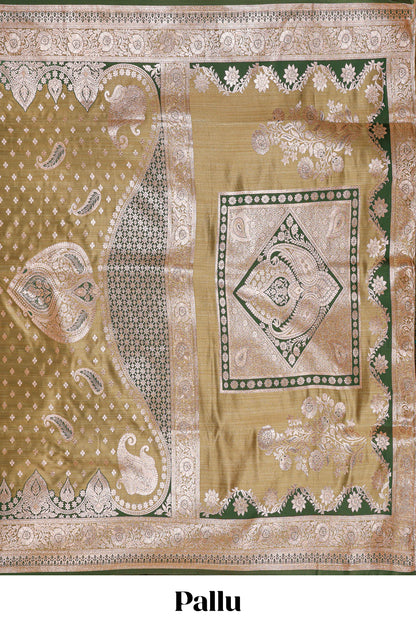 Olive green floral design motifs banarasi silk saree with contrast border and floral printed blouse
