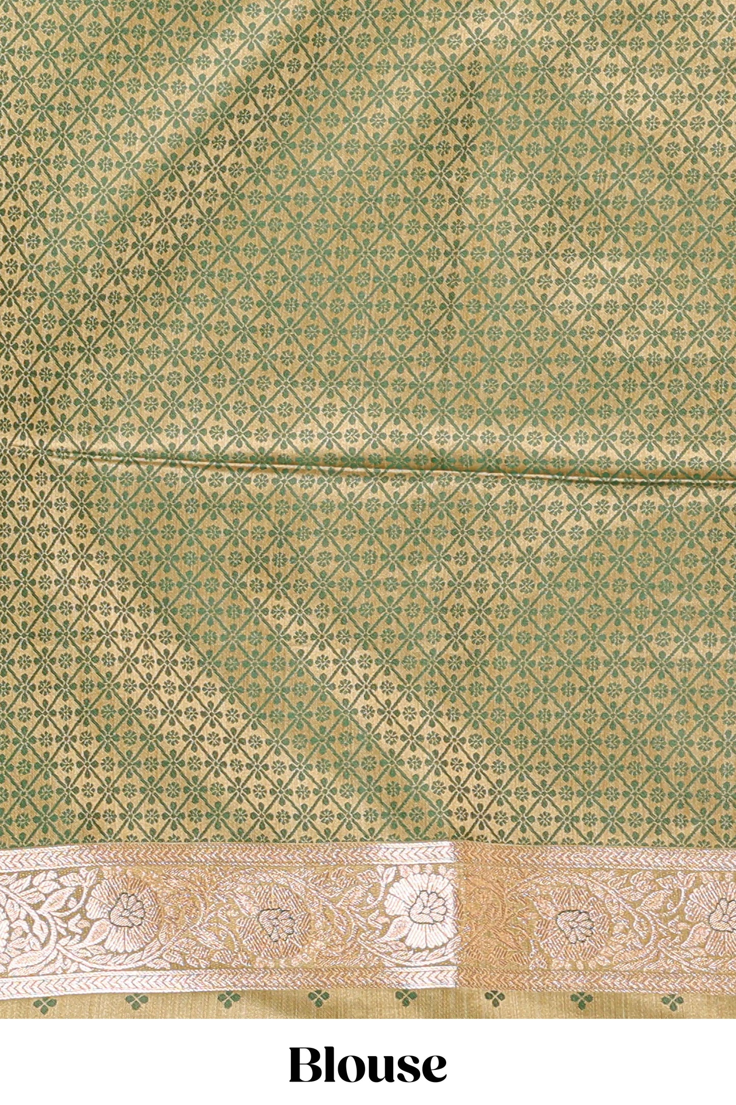 Olive green floral design motifs banarasi silk saree with contrast border and floral printed blouse