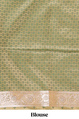 Olive green floral design motifs banarasi silk saree with contrast border and floral printed blouse