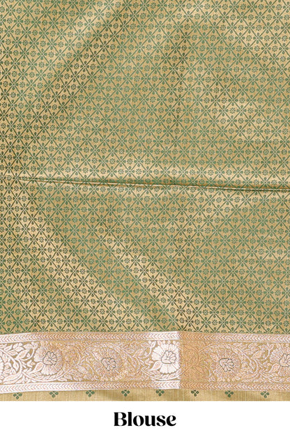 Olive green floral design motifs banarasi silk saree with contrast border and floral printed blouse