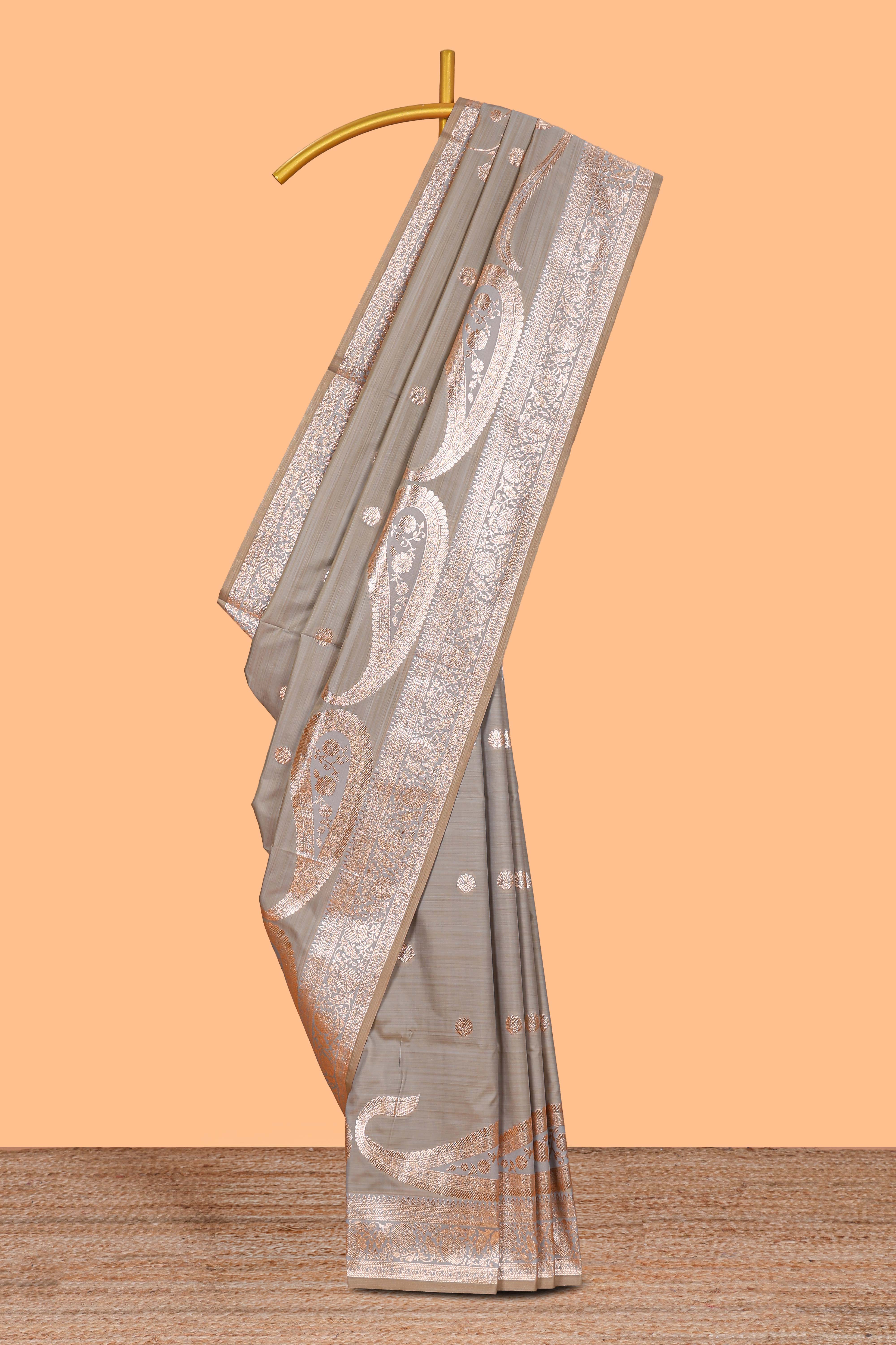 Grey floral design motifs banarasi silk saree with self border and matching floral print blouse
