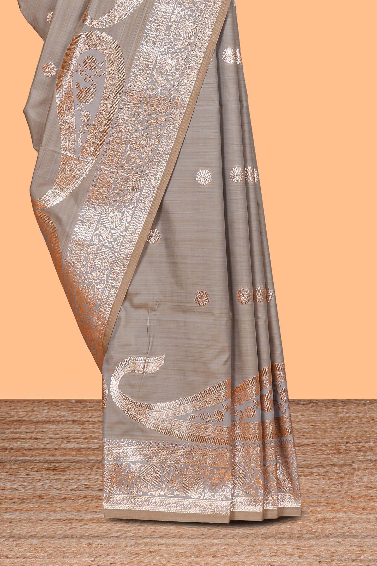 Grey floral design motifs banarasi silk saree with self border and matching floral print blouse