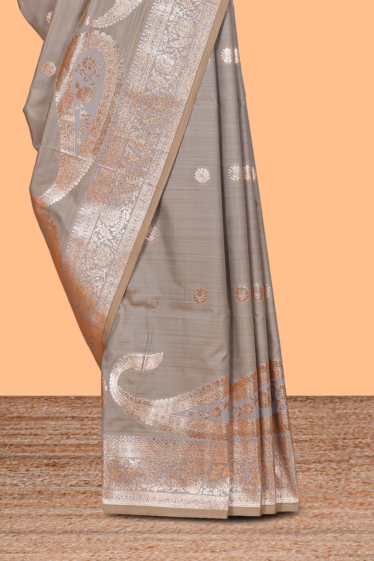 Grey floral design motifs banarasi silk saree with self border and matching floral print blouse