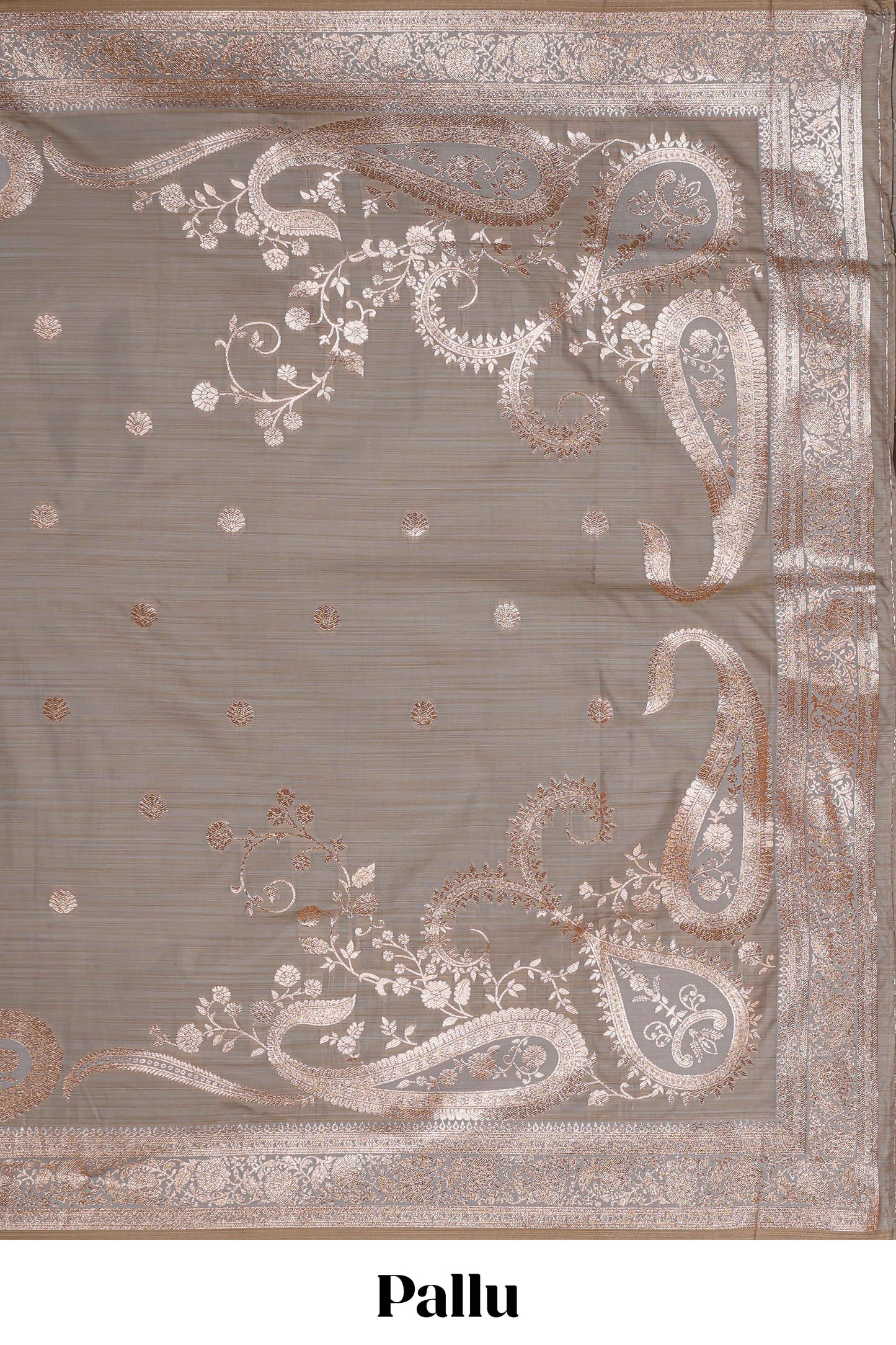 Grey floral design motifs banarasi silk saree with self border and matching floral print blouse
