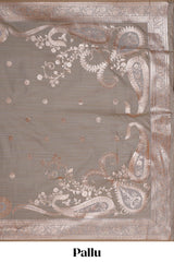 Grey floral design motifs banarasi silk saree with self border and matching floral print blouse