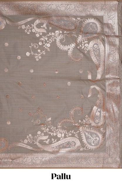 Grey floral design motifs banarasi silk saree with self border and matching floral print blouse