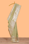 Green floral design motifs banarasi silk saree with self border and matching floral print blouse