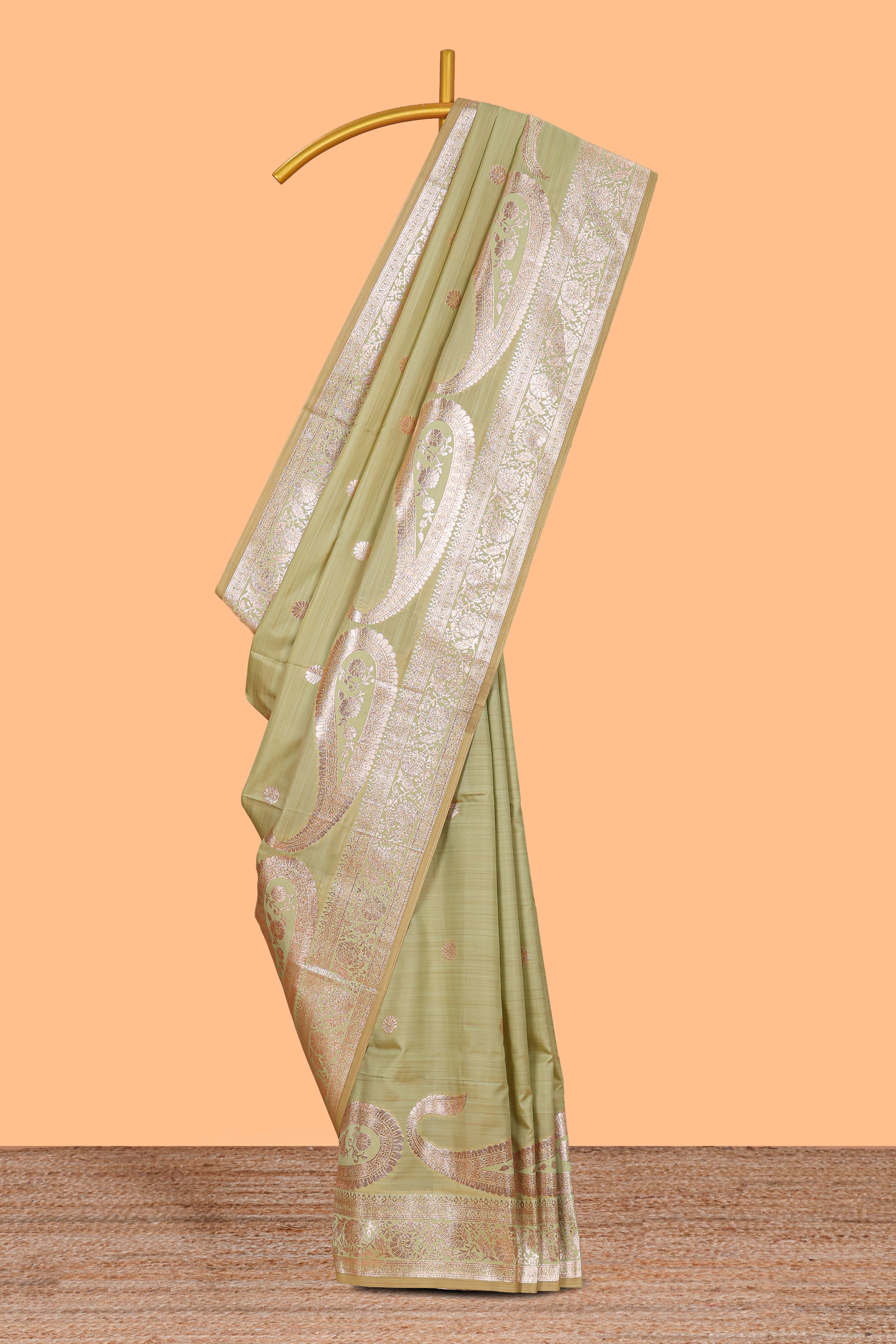 Green floral design motifs banarasi silk saree with self border and matching floral print blouse