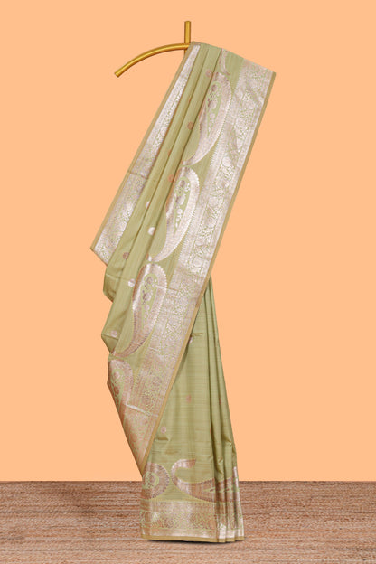 Green floral design motifs banarasi silk saree with self border and matching floral print blouse