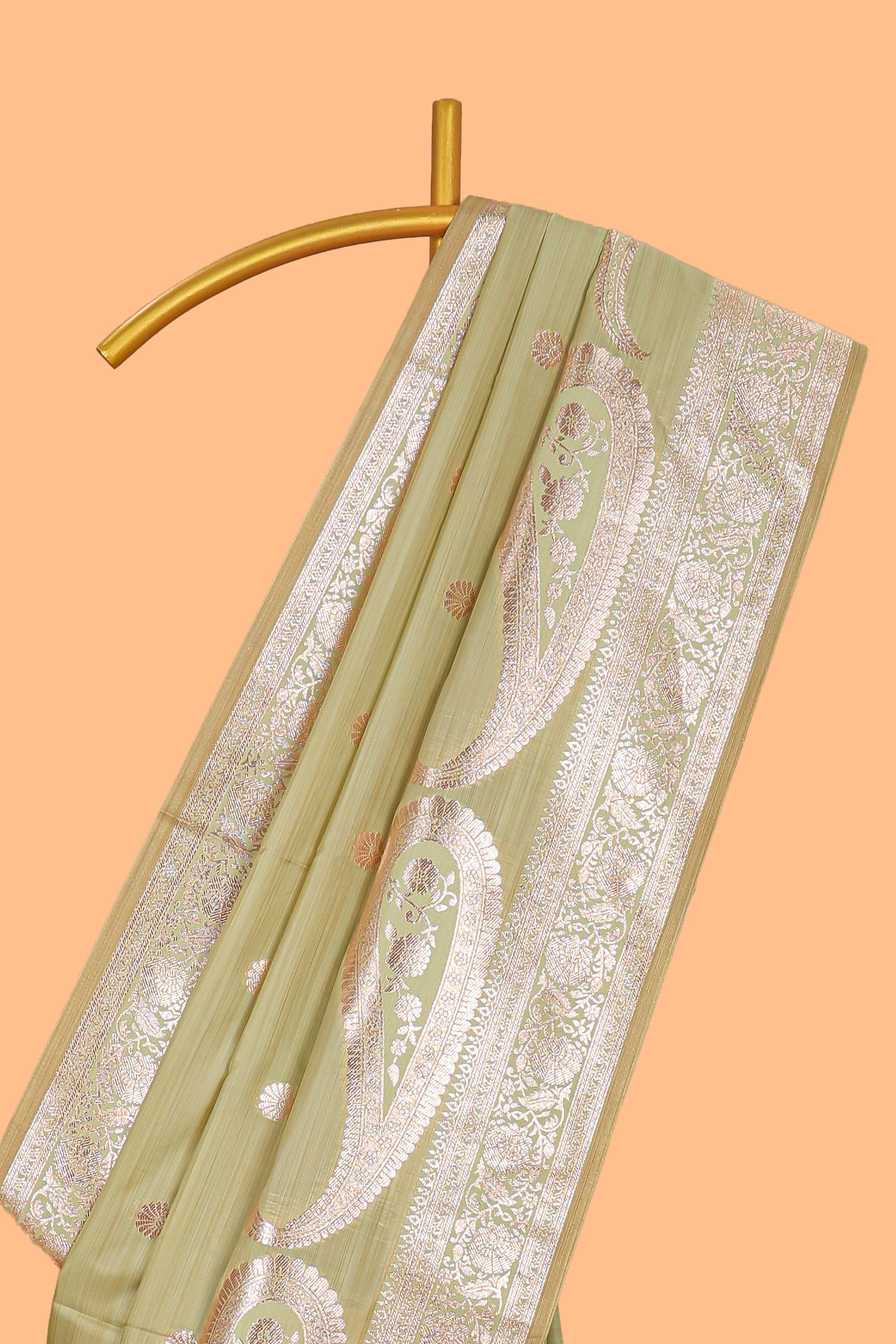 Green floral design motifs banarasi silk saree with self border and matching floral print blouse