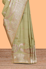 Green floral design motifs banarasi silk saree with self border and matching floral print blouse