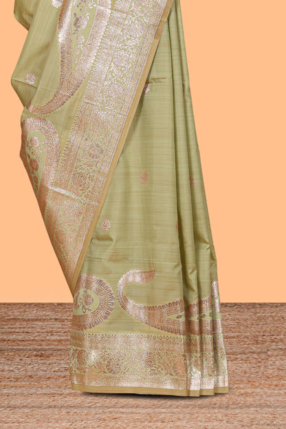 Green floral design motifs banarasi silk saree with self border and matching floral print blouse