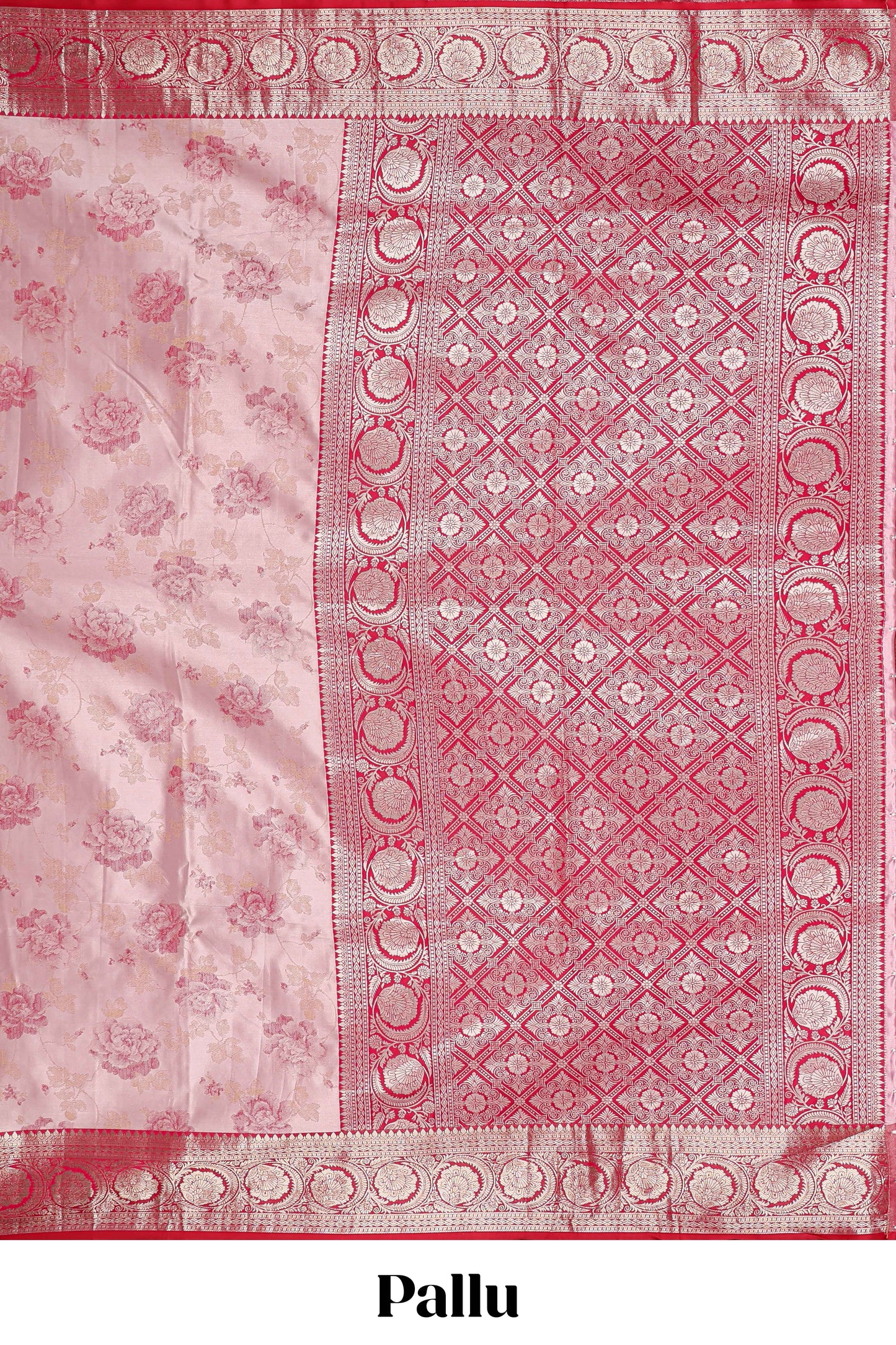 Baby pink floral design motifs banarasi silk saree with contrast border and matching floral print blouse