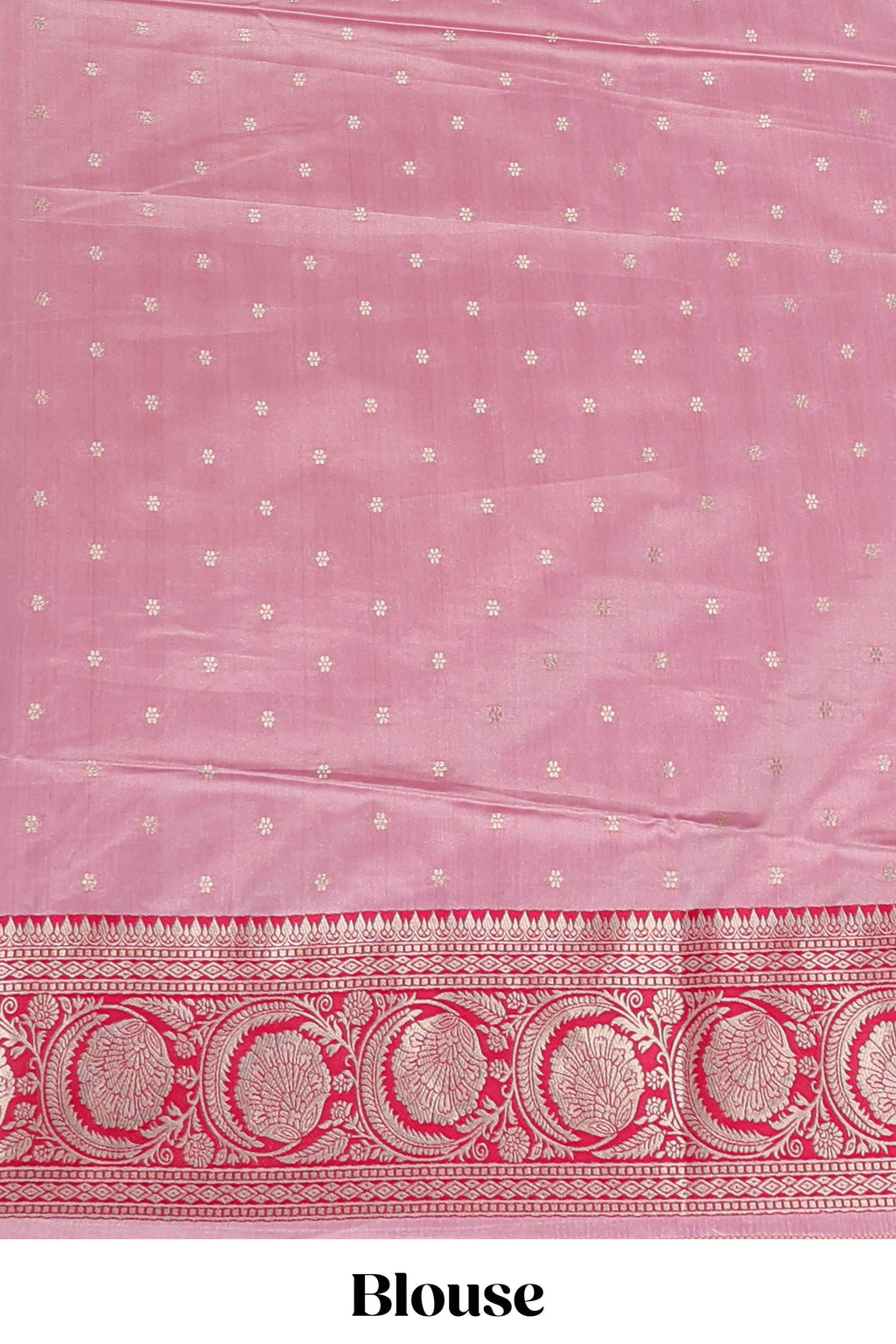 Baby pink floral design motifs banarasi silk saree with contrast border and matching floral print blouse