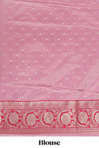 Baby pink floral design motifs banarasi silk saree with contrast border and matching floral print blouse