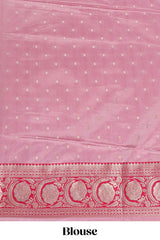 Baby pink floral design motifs banarasi silk saree with contrast border and matching floral print blouse