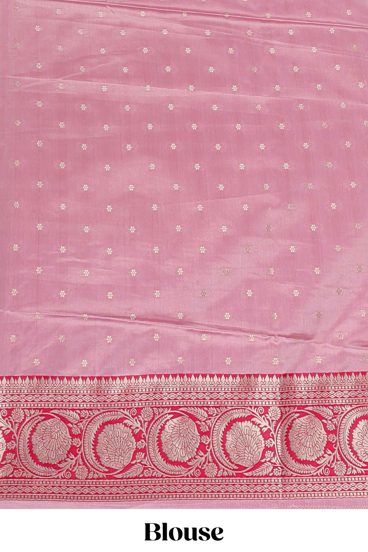 Baby pink floral design motifs banarasi silk saree with contrast border and matching floral print blouse