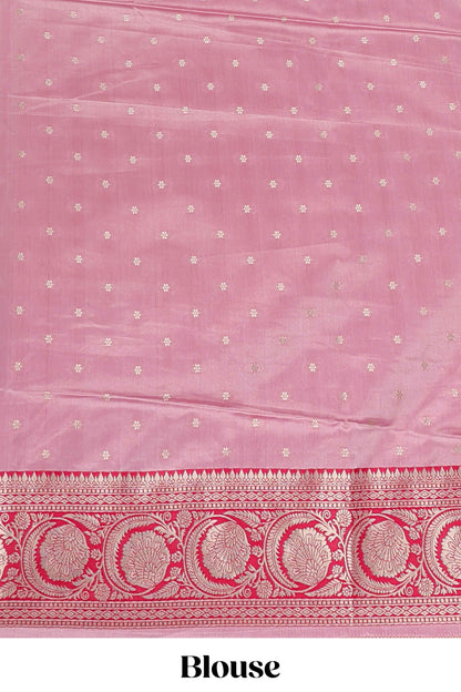 Baby pink floral design motifs banarasi silk saree with contrast border and matching floral print blouse