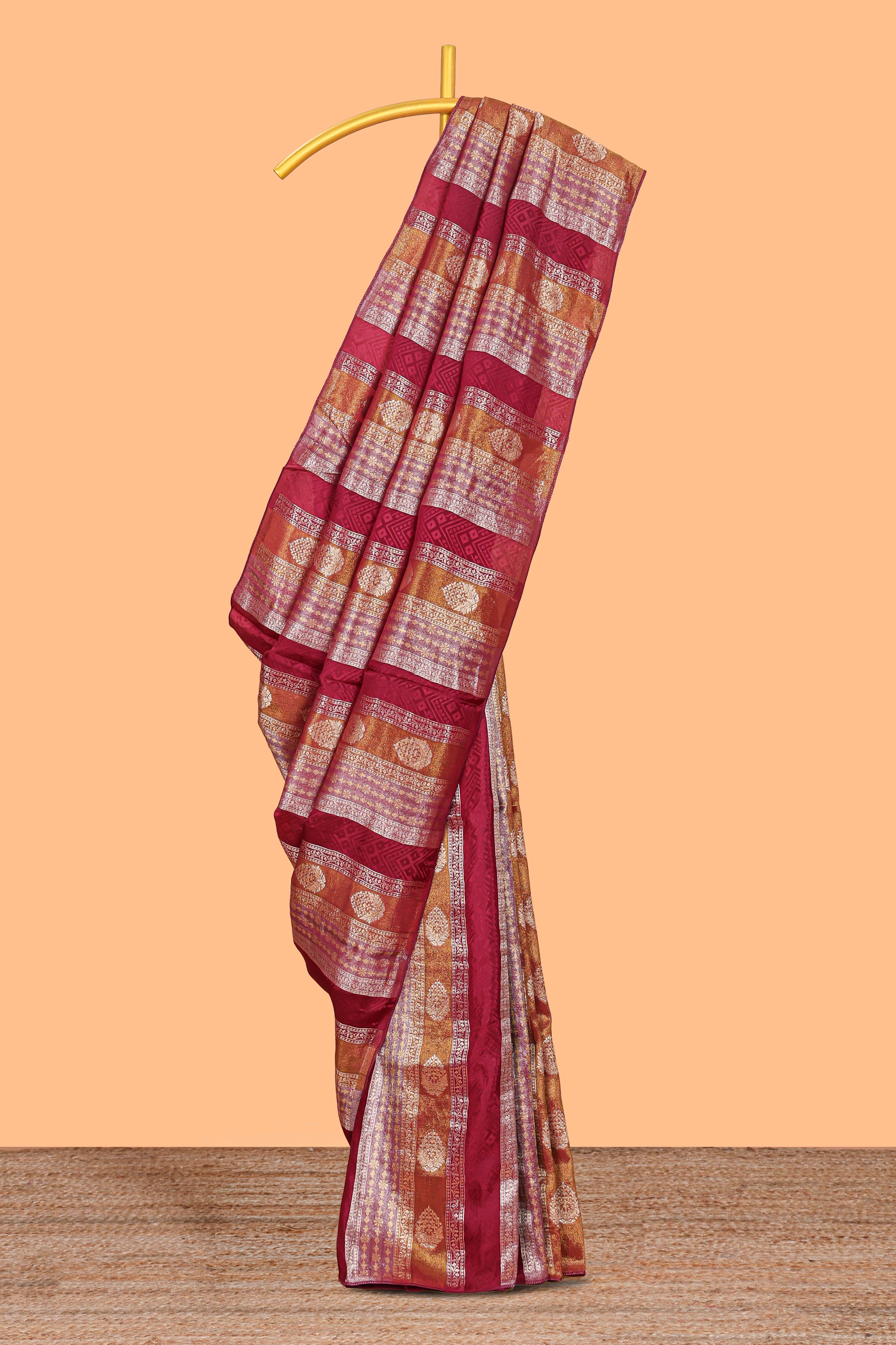 Borderless maroon striped floral design banarasi silk saree with self pallu and matching blouse