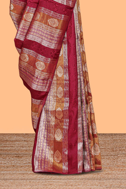 Borderless maroon striped floral design banarasi silk saree with self pallu and matching blouse