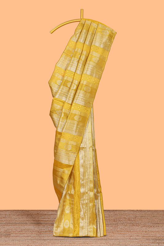 Borderless yellow striped floral design banarasi silk saree with self pallu and matching blouse