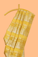 Borderless yellow striped floral design banarasi silk saree with self pallu and matching blouse