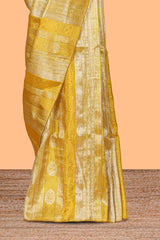 Borderless yellow striped floral design banarasi silk saree with self pallu and matching blouse