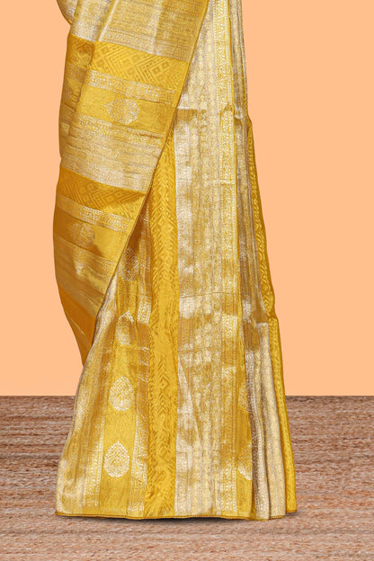 Borderless yellow striped floral design banarasi silk saree with self pallu and matching blouse