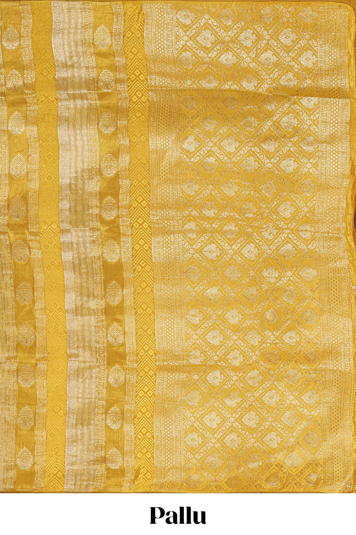 Borderless yellow striped floral design banarasi silk saree with self pallu and matching blouse