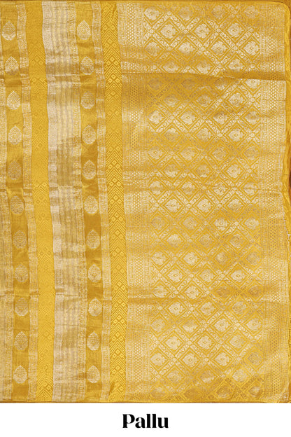 Borderless yellow striped floral design banarasi silk saree with self pallu and matching blouse