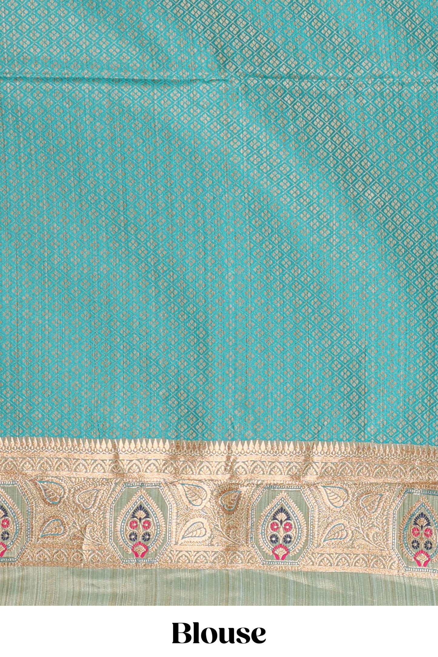 Green floral design banarasi silk saree with contrast border and floral printed blouse