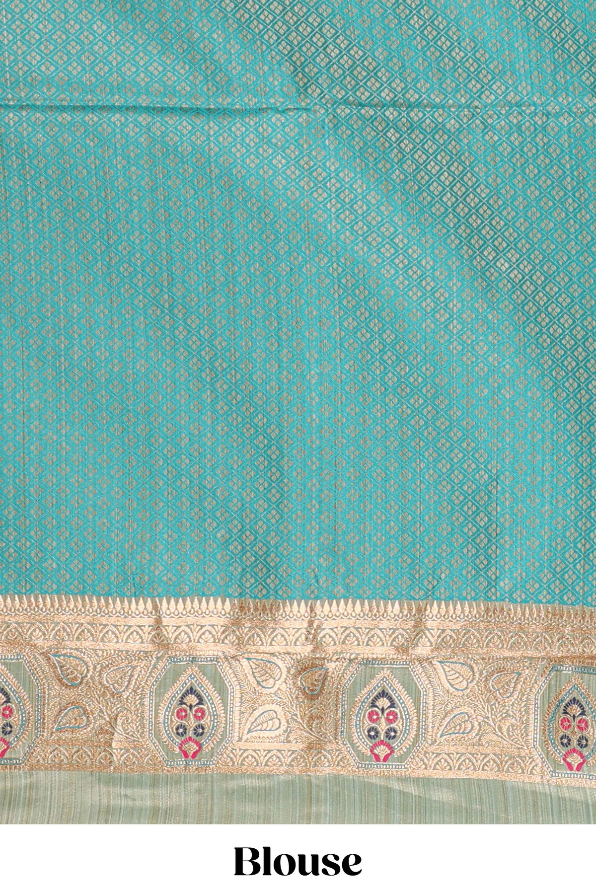 Green floral design banarasi silk saree with contrast border and floral printed blouse