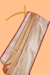 Rust orange floral design banarasi silk saree with contrast border and floral printed blouse