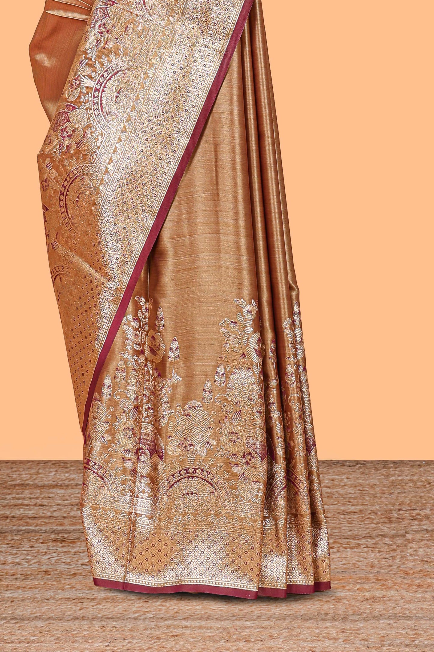 Rust orange floral design banarasi silk saree with contrast border and floral printed blouse