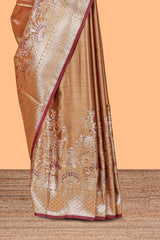 Rust orange floral design banarasi silk saree with contrast border and floral printed blouse