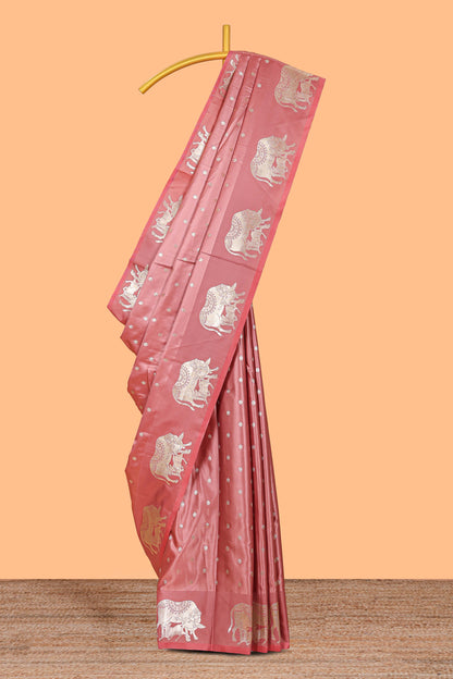 Pink floral motifs design banarasi silk saree with self cow design border and matching floral printed blouse