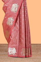 Pink floral motifs design banarasi silk saree with self cow design border and matching floral printed blouse