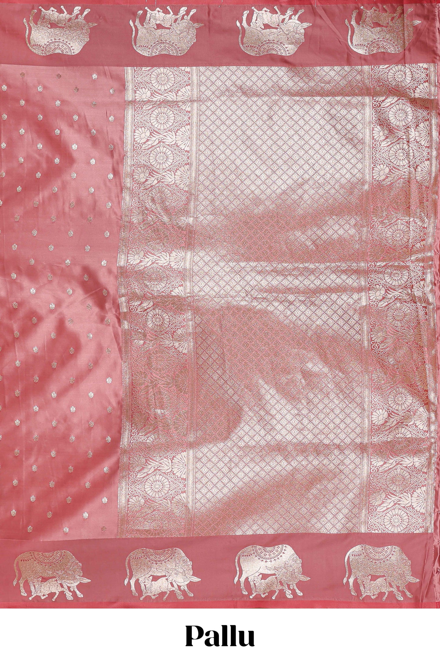 Pink floral motifs design banarasi silk saree with self cow design border and matching floral printed blouse