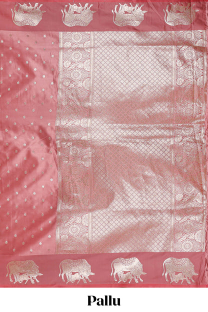 Pink floral motifs design banarasi silk saree with self cow design border and matching floral printed blouse