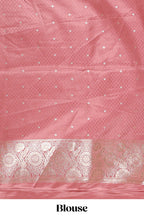 Pink floral motifs design banarasi silk saree with self cow design border and matching floral printed blouse