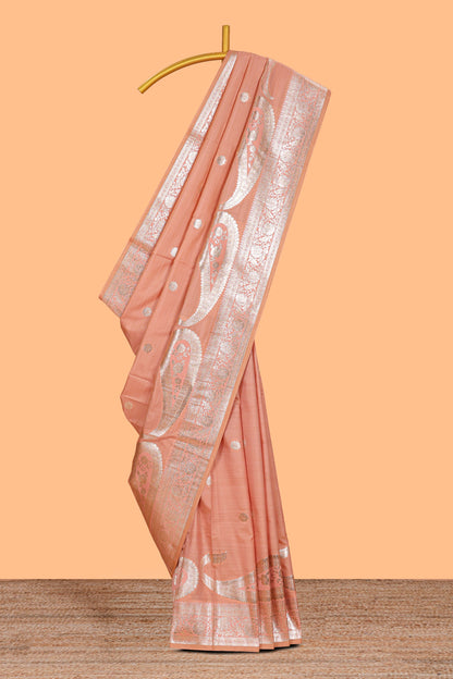 Peach floral motifs design banarasi silk saree with self zari border and matching floral printed blouse