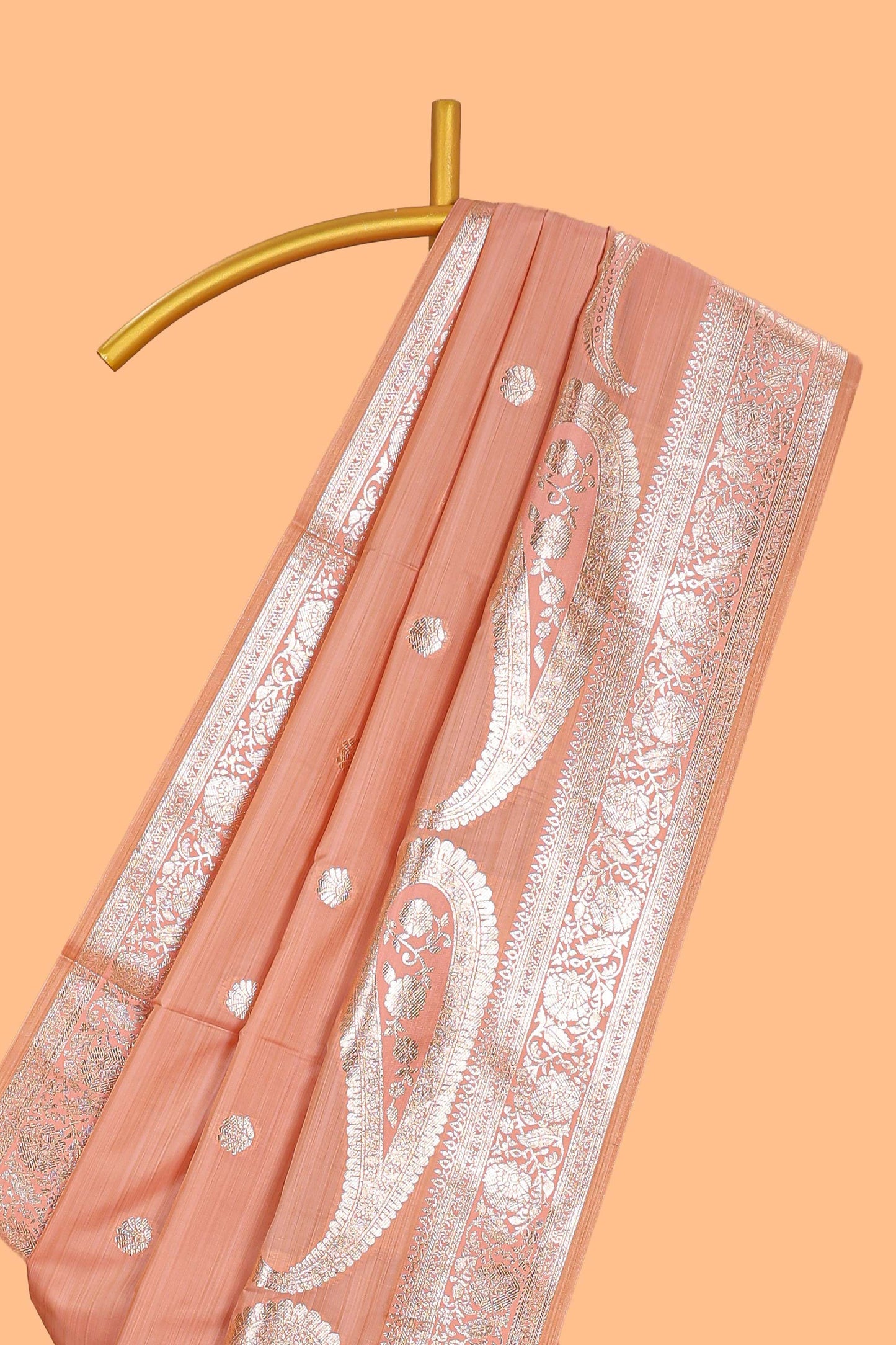 Peach floral motifs design banarasi silk saree with self zari border and matching floral printed blouse