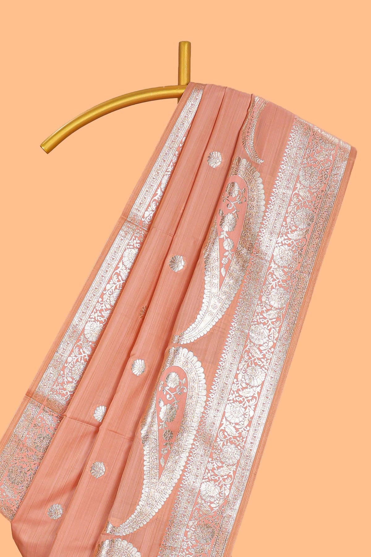 Peach floral motifs design banarasi silk saree with self zari border and matching floral printed blouse