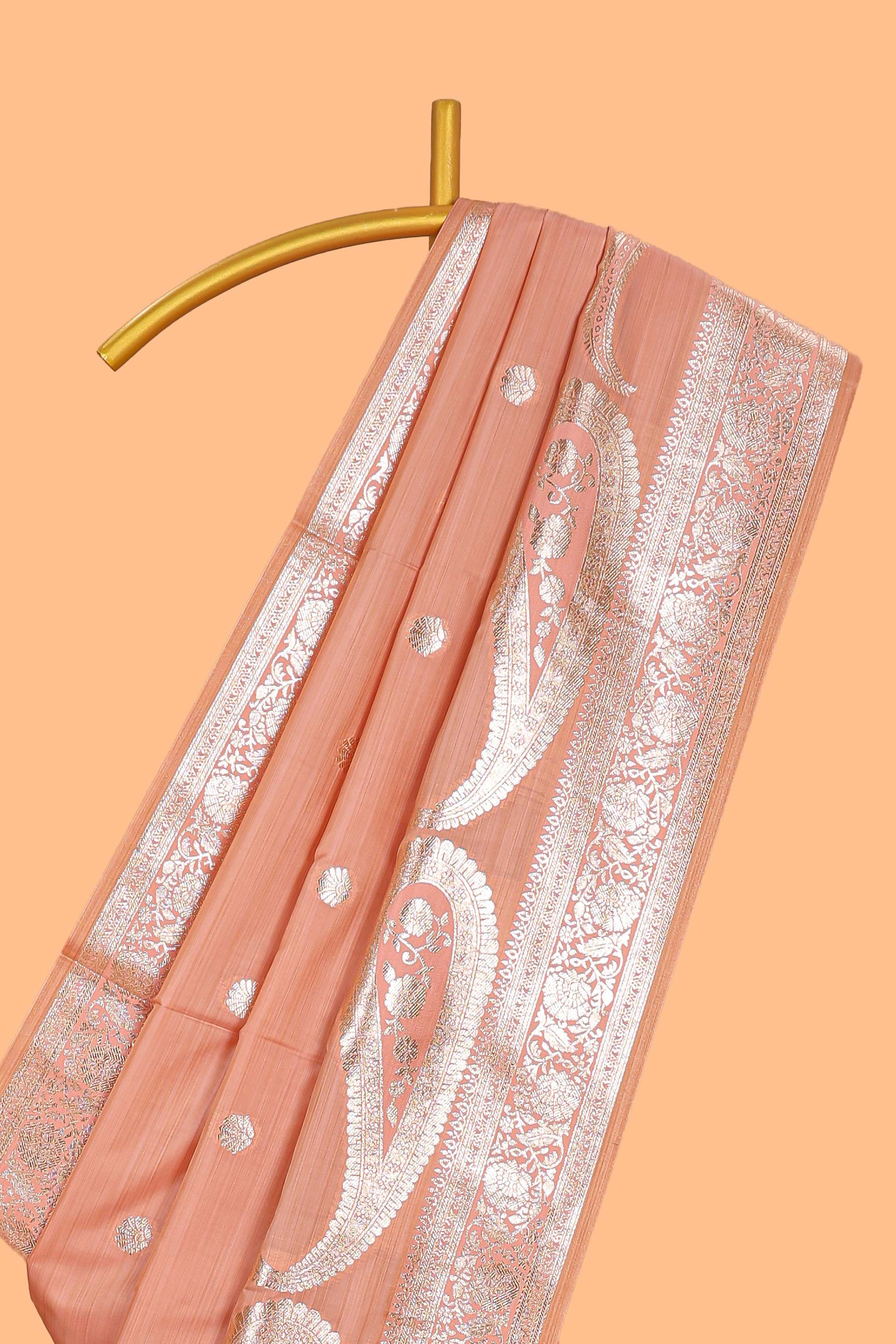 Peach floral motifs design banarasi silk saree with self zari border and matching floral printed blouse