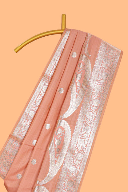 Peach floral motifs design banarasi silk saree with self zari border and matching floral printed blouse