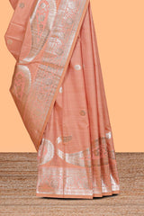 Peach floral motifs design banarasi silk saree with self zari border and matching floral printed blouse