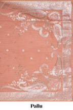 Peach floral motifs design banarasi silk saree with self zari border and matching floral printed blouse